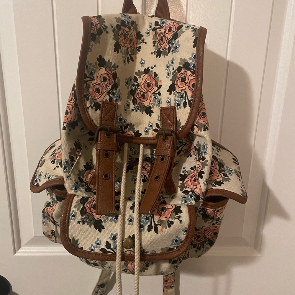 Floral Fabric and Leather Adjustable Backpack